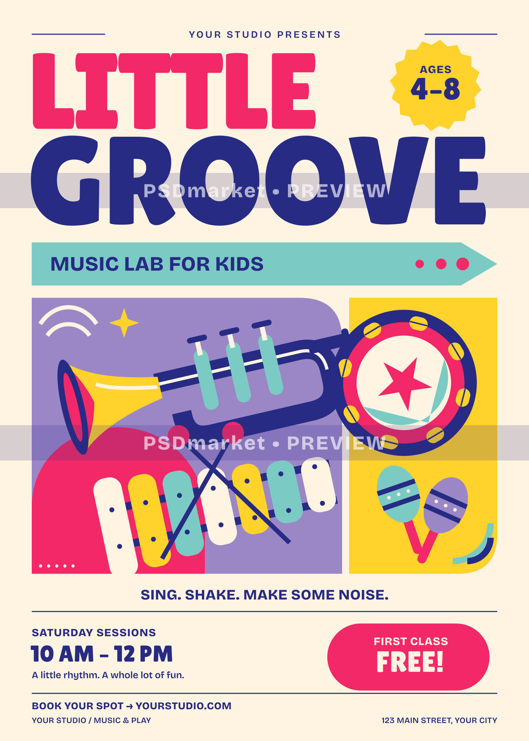 LITTLE GROOVE Kids Music Class Flyer PSD and SVG Template — PSD template preview