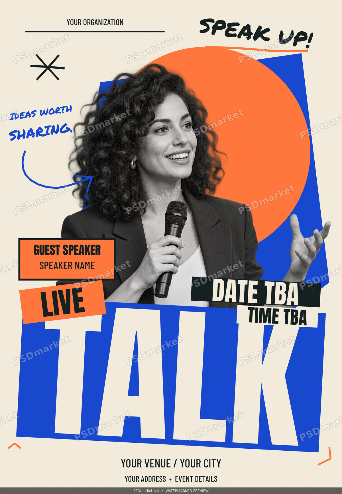 Live Talk V2 female speaker flyer in cobalt blue, tangerine and ivory with PSDmarket watermark
