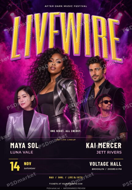LIVEWIRE concert flyer with tall arched yellow dimensional type, four fictional performers, purple stage lighting, pink smoke and PSDmarket preview watermarks.