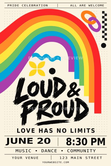 Loud and Proud rainbow Pride celebration flyer with bold black brush lettering and editable event details