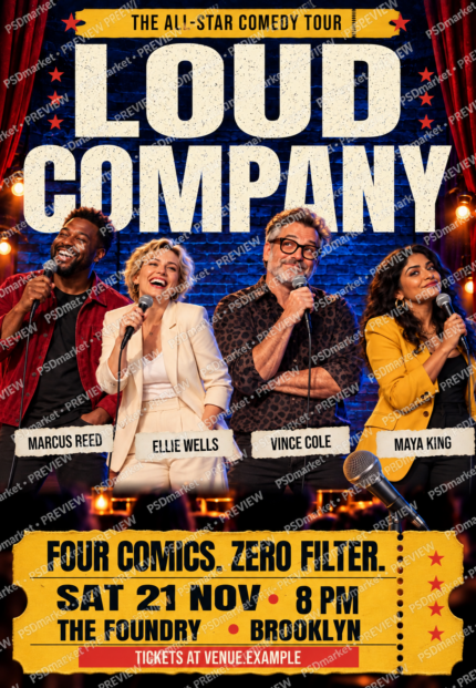Loud Company All-Star Comedy Tour Flyer PSD Template — PSD template preview