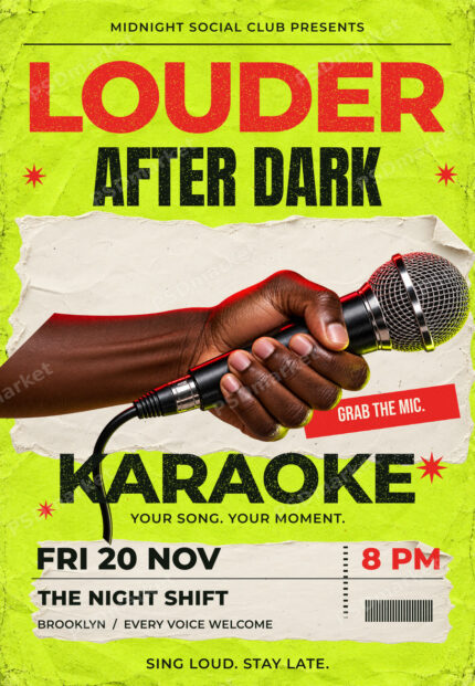Watermarked preview of Louder After Dark Karaoke Flyer PSD Template