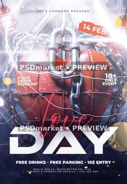 Love Day flyer with riveted red metal heart, heavy chains, bright light streaks and large white geometric title.
