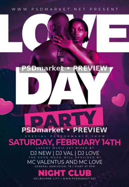 Purple and magenta Love Day Party flyer with a couple photograph, huge white lettering, pink PARTY block and floating hearts