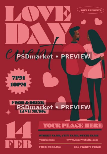 Red Love Day flyer with embracing illustrated couple, pink hearts, bold geometric headline and black script.