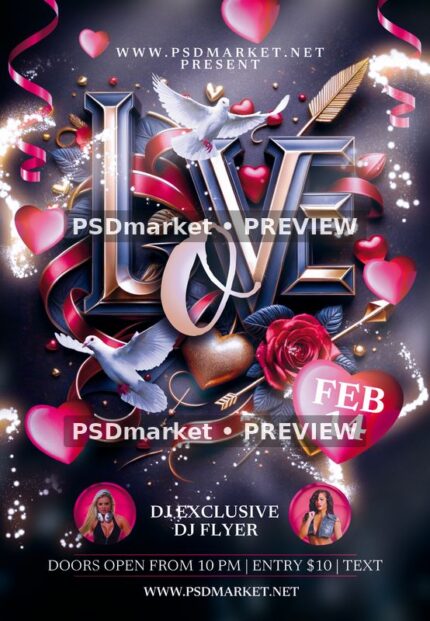 Love Party flyer with metallic love lettering, white doves, red roses, pink hearts and a February 14 heart badge