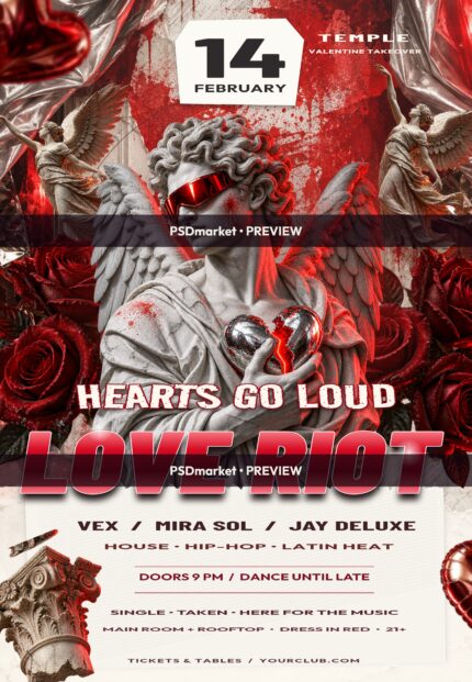 Love Riot red and cream Valentine's nightclub flyer featuring a winged marble sculpture holding a broken heart, roses and two PSDmarket preview watermark bands.