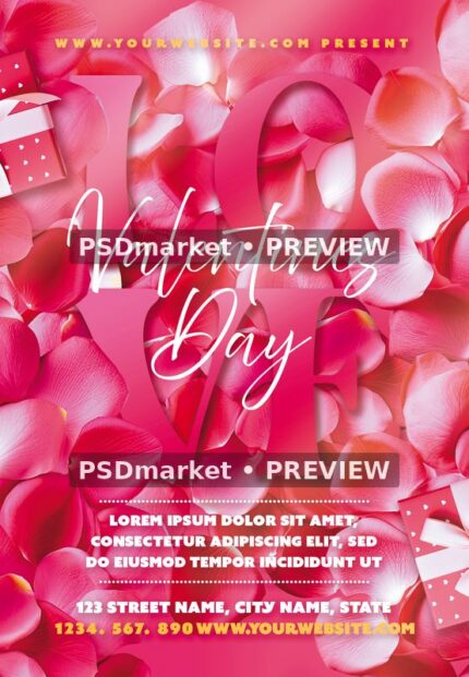 Pink Valentine's Day flyer with rose petals, large tonal LOVE lettering and white script headline