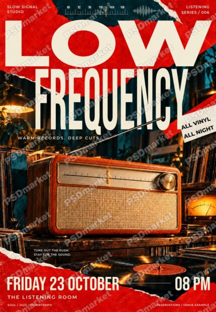 Low Frequency vinyl listening-night PSD flyer with PSDmarket preview watermark