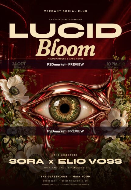 Lucid Bloom surreal club flyer with a polished copper eye, white flowers, red lighting and two horizontal PSDmarket preview watermark bands