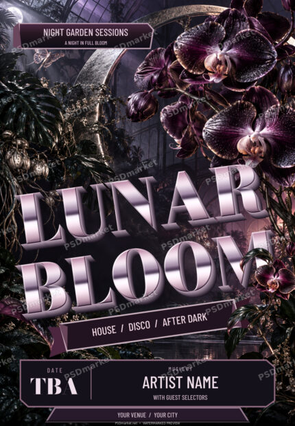 Lunar Bloom botanical music flyer with metallic lettering, purple orchids, emerald foliage and a luminous moon ring