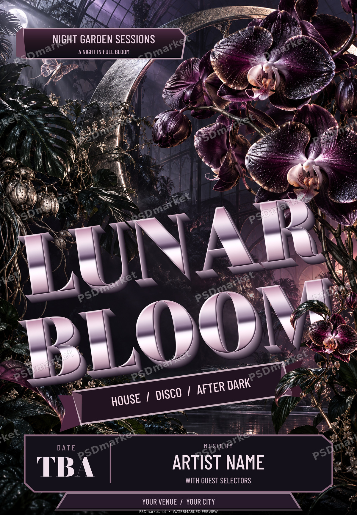 Lunar Bloom botanical music flyer with metallic lettering, purple orchids, emerald foliage and a luminous moon ring