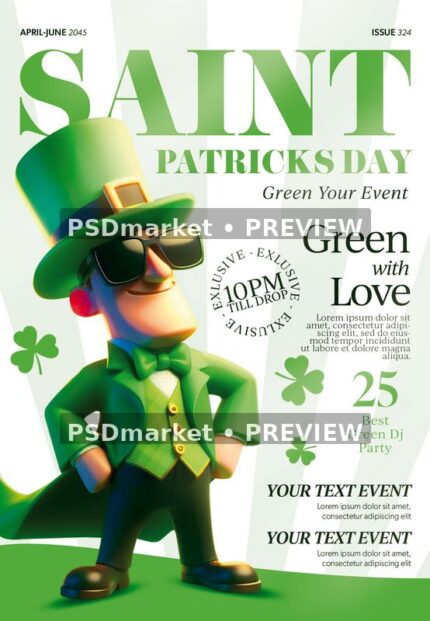 White and green magazine-style Saint Patricks flyer with tall cartoon character and two preview watermarks