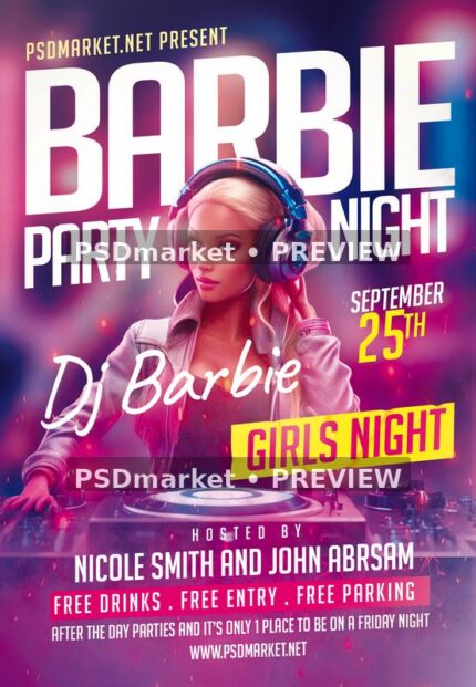 Magenta Barbie party flyer with blonde DJ doll, headphones, deck and yellow Girls Night label