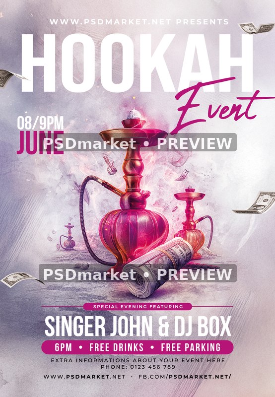 Magenta Hookah Event Flyer PSD Template — PSD template preview