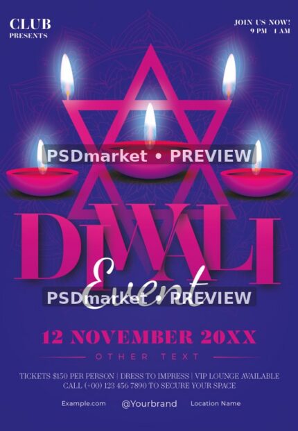 Magenta Lamps Diwali Event Flyer PSD Template — reduced watermarked source artwork preview
