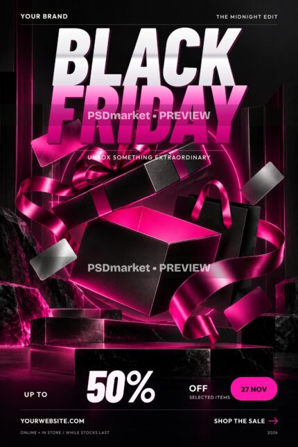 Magenta Midnight Black Friday flyer with black gift boxes, bright pink ribbons, shopping bag and two horizontal PSDmarket preview bands.