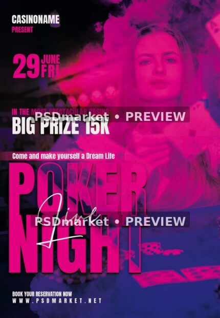 Magenta and black Poker Night flyer with a card-holding portrait and two PSDmarket preview watermarks