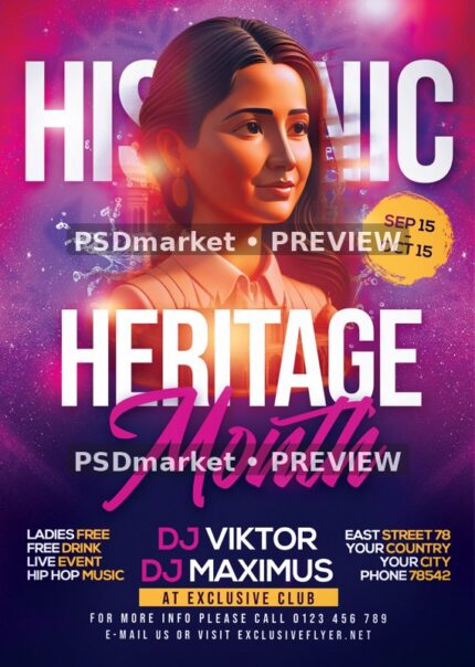 Magenta Portrait Hispanic Heritage Month Flyer PSD Template — PSD template preview