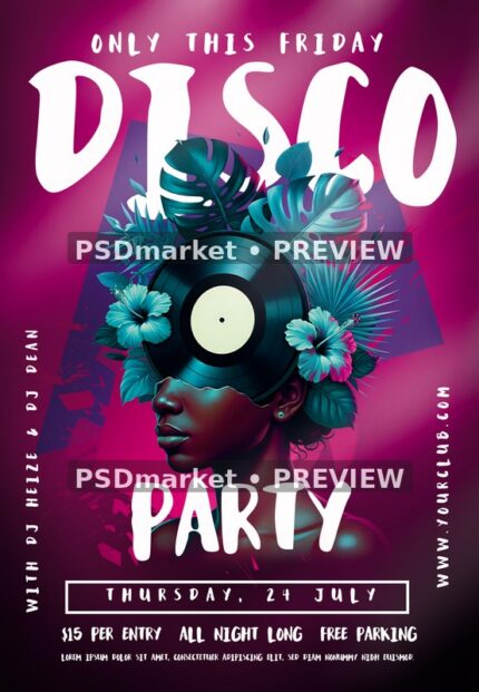 Magenta Tropical Vinyl Disco Party Flyer — reduced watermarked preview of the supplied artwork