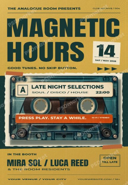 Magnetic Hours Retro Cassette DJ Night Flyer PSD Template with PSDmarket preview watermark