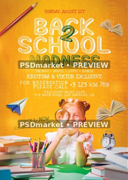Magnifying Glass Student Back to School Madness Flyer PSD Template — PSD template preview