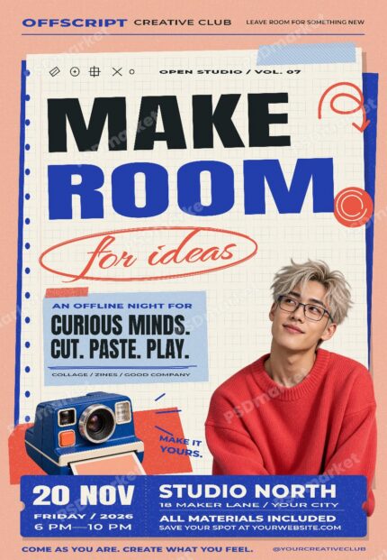 Make Room for Ideas creative workshop flyer with paper collage, portrait and instant camera