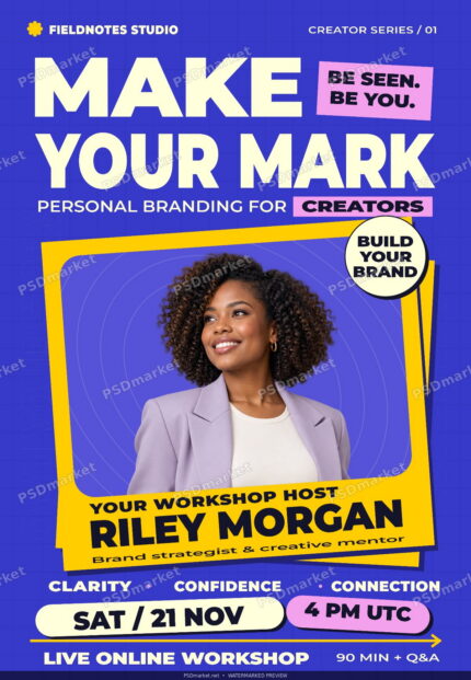 Watermarked Make Your Mark creator branding workshop flyer with cream typography, cobalt blue background, yellow portrait card and pink labels