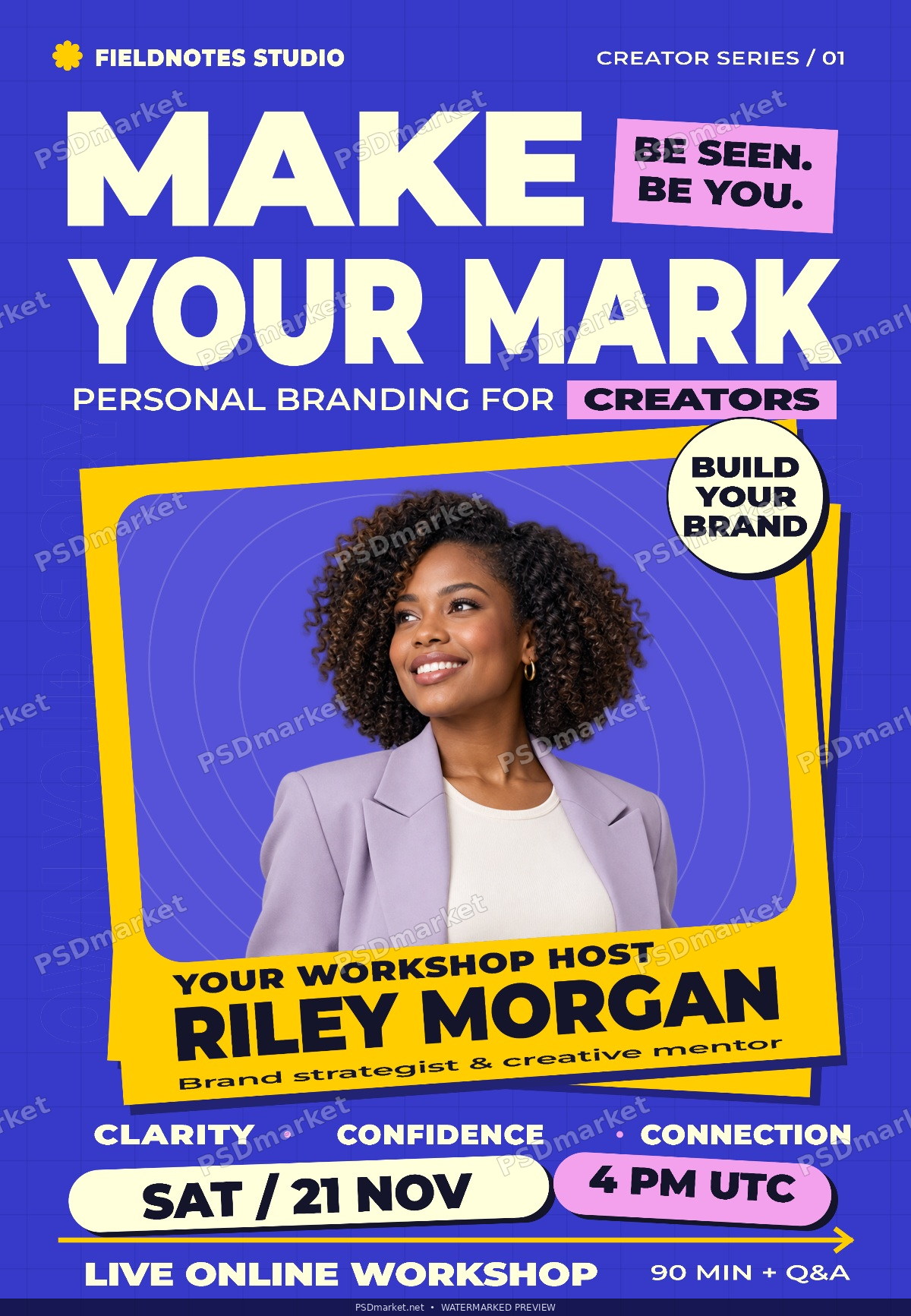 Watermarked Make Your Mark creator branding workshop flyer with cream typography, cobalt blue background, yellow portrait card and pink labels
