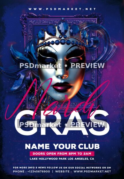 Mardi Gras Silver Mask Carnival Flyer PSD Template — PSD template preview