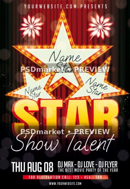 Talent show flyer with glowing marquee stars, red stage curtains, gold and red STAR lettering and white script