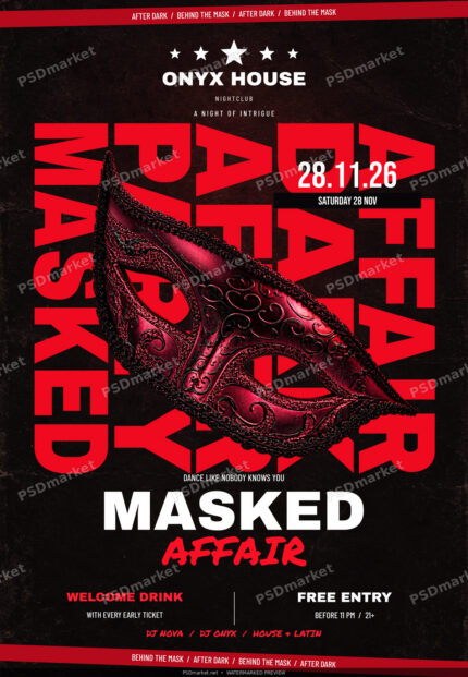 Masked Affair masquerade party flyer with ornate red and black mask and centered event lettering