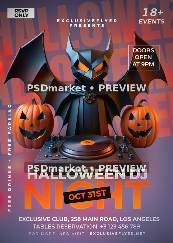 Masked Bat DJ Halloween Night Flyer PSD Template — reduced watermarked source artwork preview