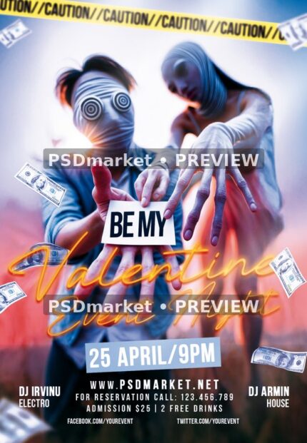 Masked Couple Be My Valentine Event Flyer PSD Template — PSD template preview