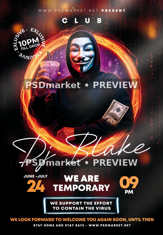 Masked DJ Fire Ring Party Flyer PSD Template — PSD template preview