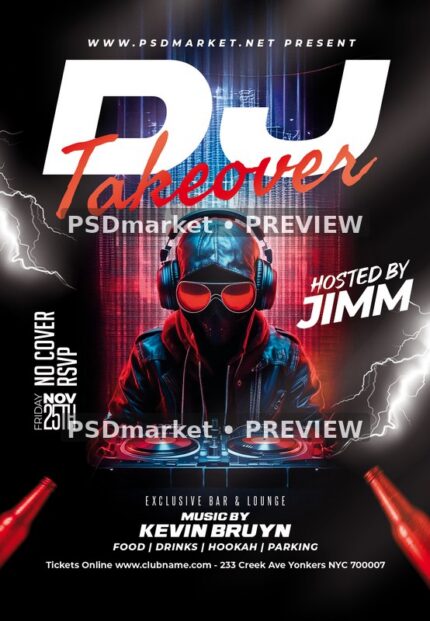 Masked DJ Lightning Takeover Flyer PSD Template — PSD template preview
