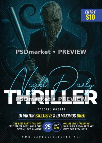 Masked Figure Thriller Night Party Flyer — reduced watermarked preview of the supplied artwork