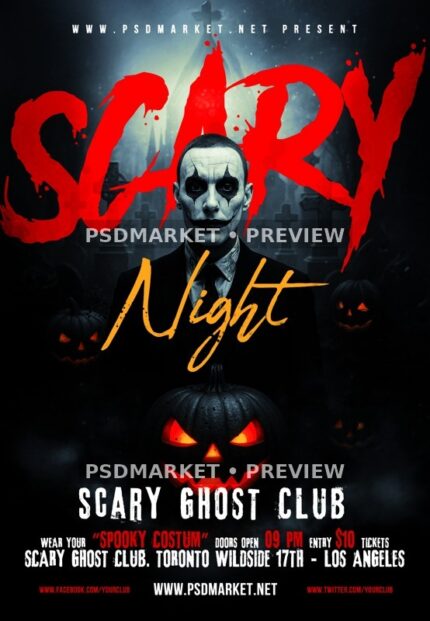 Masked Scary Club Halloween Flyer PSD Template — PSD template preview