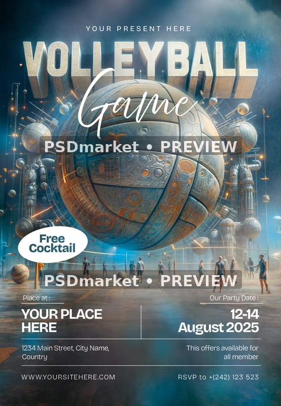 Mechanical Sphere Volleyball Game Flyer PSD Template — PSD template preview