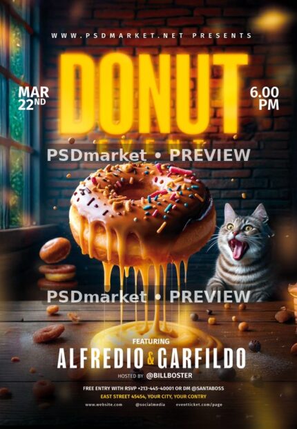 Melting Glazed Donut and Cat Event Flyer PSD Template — PSD template preview