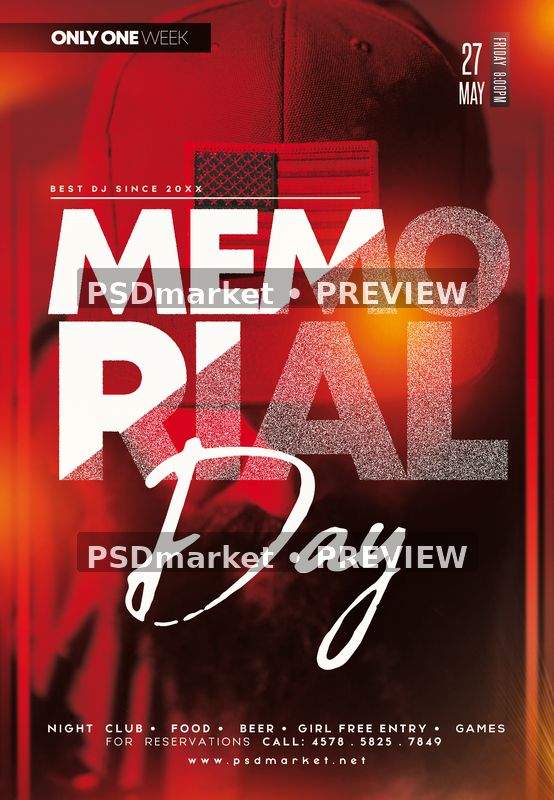 Red Memorial Day club flyer with a cap and American flag patch behind white typography and two PSDmarket preview watermarks
