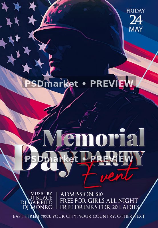 Memorial Day Soldier Event Flyer PSD Template — PSD template preview