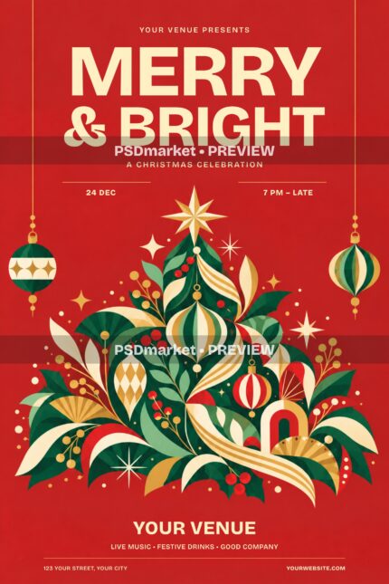 Merry and Bright Christmas flyer in red, green and gold with decorative ornaments, botanical holiday artwork and two horizontal PSDmarket preview watermark bands.