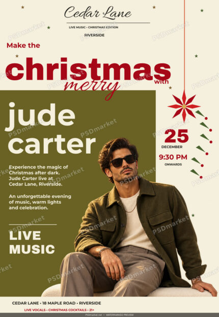 Watermarked Christmas live-music flyer with bold red and cream text, an olive panel, festive vector decorations and a fictional musician seated on a bench.