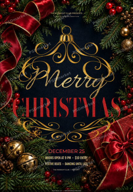 Merry Christmas Midnight Noel navy, gold and crimson holiday party flyer; protected preview