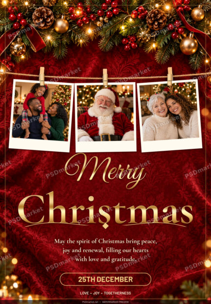 Gold Merry Christmas greeting with festive velvet and garland background and three tilted portrait frames; watermarked preview
