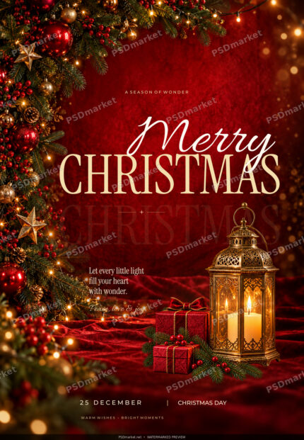 Watermarked Merry Christmas flyer with red velvet, evergreen garland, cream and gold lettering and an illuminated gold lantern