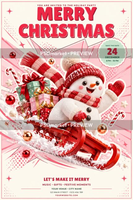 Merry Christmas party flyer with a smiling snowman on a red sled, presents, pink comic accents and two PSDmarket preview bands.