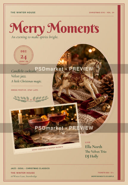 Vintage cream and burgundy Christmas flyer with an antique rocking horse and festive cocktails, protected by two PSDmarket preview bands