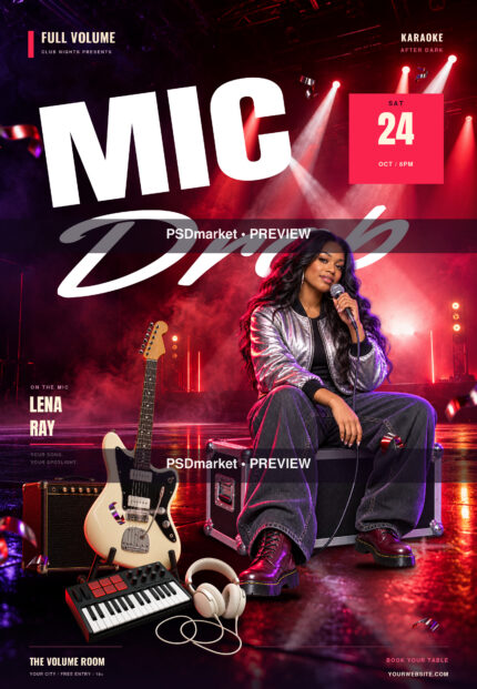 Mic Drop Karaoke Party Flyer PSD Template — PSD template preview
